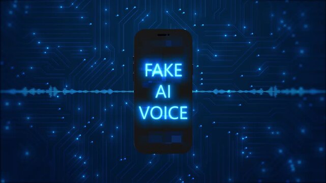 AI voice scam alert visual neon phone display, waveform signals, and blue circuit 19 background. fraud awareness clips, privacy content, digital security lessons, mobile apps,