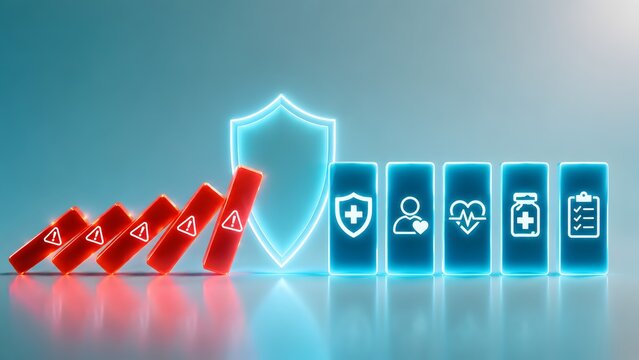 Health insurance protection concept with glowing shield stopping falling red dominoes from hitting medical and healthcare icons