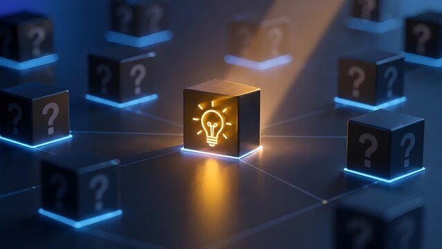 Problem solving and network concept with glowing lightbulb cube connecting to dark question mark blocks