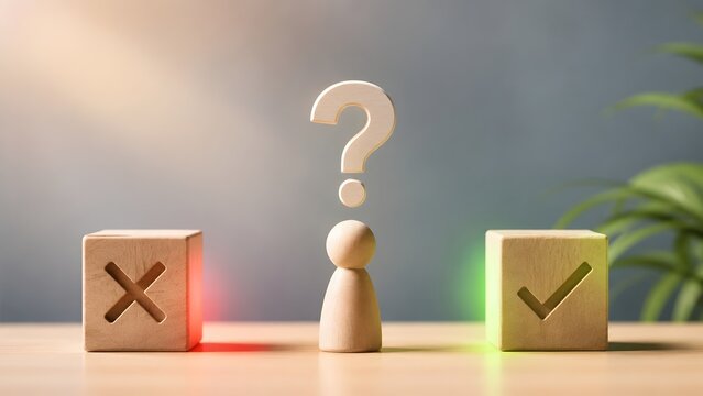 Decision making dilemma concept with wooden figure and question mark standing between green checkmark and red cross blocks