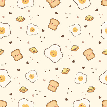 Breakfast seamless pattern with cute cartoon egg, bread and butter.