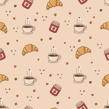 Breakfast seamless pattern with coffee, croissant and strawberry jam.