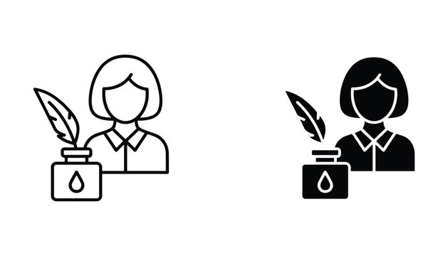 Professional female writer icon set with quill pen and inkwell representing authorship content creation and creative writing services in clean minimal vector style for web design