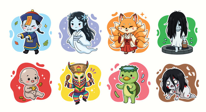 Cute Asian ghost and mythological monster sticker set vector illustration.