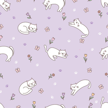 Cute white cat sleeping and stretching seamless pattern background.