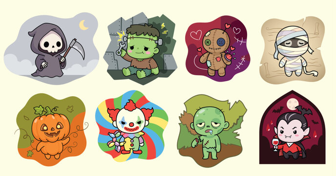  Cute Halloween monster sticker set with grim reaper, frankenstein, mummy and vampire.