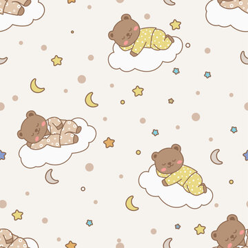 Cute sleeping baby bear on cloud seamless pattern background.