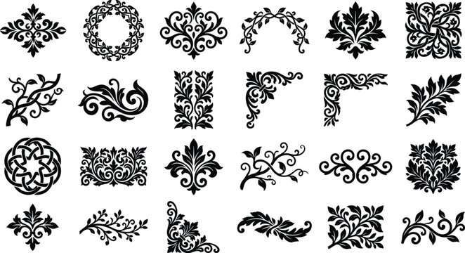 Collection of elegant black floral ornaments, vintage decorative borders, corner flourishes, and classic damask vector design elements.