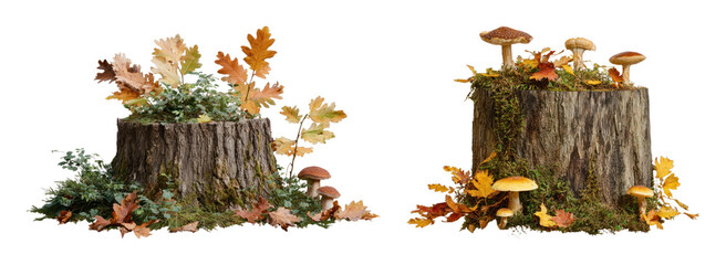 Obraz premium PNG Autumn forest stump with mushrooms and colorful foliage, transparent background