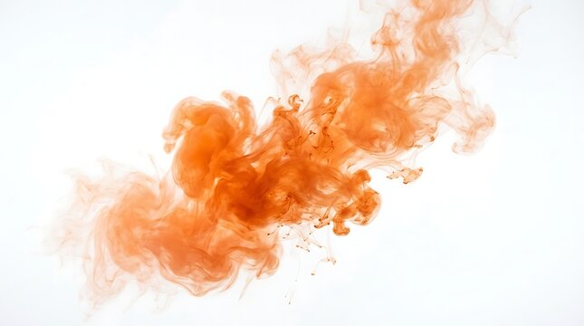Orange ink swirling in water. Abstract liquid cloud of pigment isolated on white background.