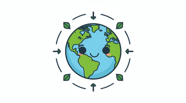 Adorable cartoon Earth character illustrating environmental protection and global sustainability, encircled by green leaves and arrows symbolizing eco-friendly practices and planetary well-being