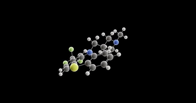 Triflupromazine molecule, rotating 3D model of typical antipsychotic, looped video on a black background
