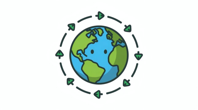 Cartoon Earth with small trees orbiting around it in a circular motion, symbolizing environmentalism and global growth