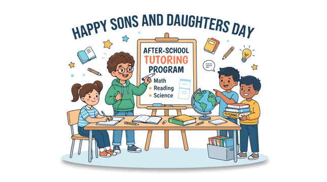 Children attending after school tutoring program with boy teacher pointing at whiteboard for sons and daughters day