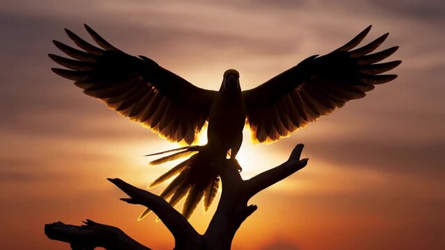 Silhouetted parrot perched on forked driftwood, wings spread wide against glowing sunset sky with bright backlight, dramatic outline, balanced stance, warm colors, serene wildlife mood
