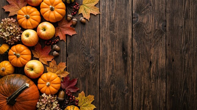 Autumn harvest background with pumpkins and apples. Fall seasonal flat lay on wood.