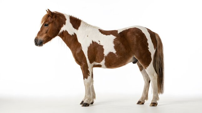 Pinto pony standing on white background or Brown and white horse isolated in studio