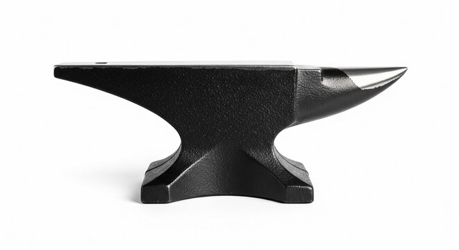 A heavy, black iron anvil, a foundational tool for blacksmithing and metalworking crafts, presented in isolation.