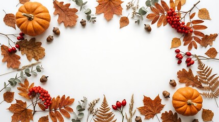 Obraz premium Autumn leaves and pumpkin frame. Fall harvest border with berries on white background.
