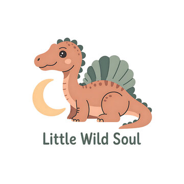 Cute cartoon baby dinosaur with moon and little wild soul text isolated on transparent background