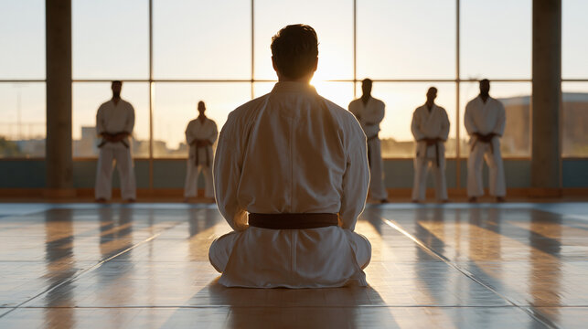 A martial arts instructor guides a diverse team of adult students at golden hour in a rehabilitation program setting, warm light casting long shadows across a polished dojo floor,