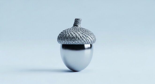 A realistic silver acorn sculpture standing on a light blue background, showcasing metallic texture and detail.