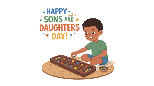 Little boy playing traditional mancala board game on circular wooden table for sons and daughters day celebration