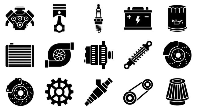 Car Engine Parts Mechanical Components Brake Disc Spark Plug and Battery Vector Icons