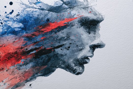 Profile of a human face dissolving into colorful watercolor paint splashes