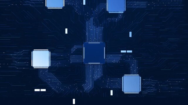 Electronic processor network visual with blue chip nodes, clean circuit routes, dark 19 board layout. semiconductor clips, AI dashboards, hardware presentations, software explainers,