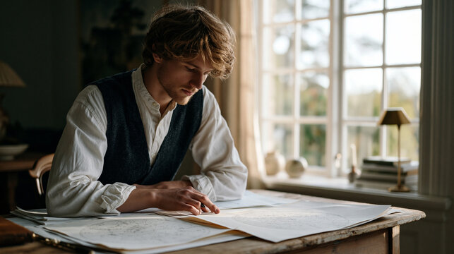 An astrology consultant in a quiet rural farmhouse lays out natal charts on a worn wooden table, a before and after concept displayed showing a client's life timeline sketched