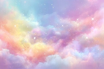 Fototapeta premium Abstract illustration showing colorful pastel clouds with sparkling stars and soft blending