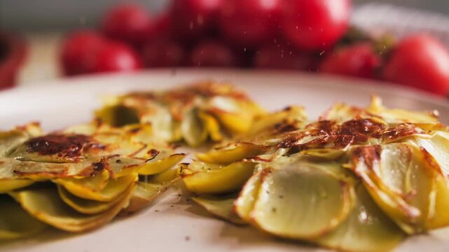 Close-up of traditional Spanish flor de alcachofa with crispy golden crust served on a plate while a chef seasons with black pepper. Mediterranean cuisine and gourmet cooking concept. High quality 4k