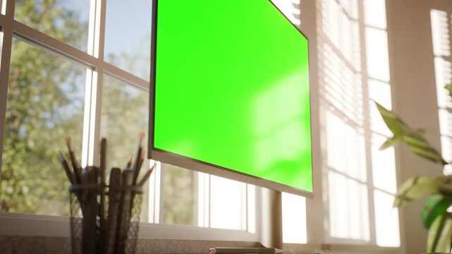 Desktop Computer Screen Mockup Collection in Bright Modern Office with Chroma Key and Tracking