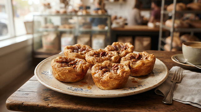 Delicious Pecan Tarts on a Plate in a Cozy Bakery with Coffee