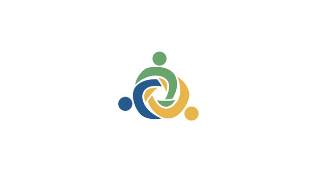 Colorful corporate logo showing three stylized people holding hands in a circle to represent teamwork.