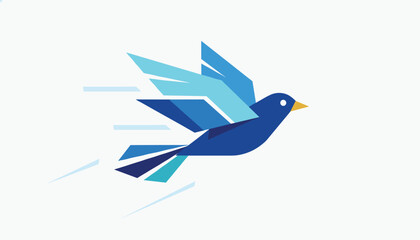 Fototapeta premium Stylized blue flying bird icon designed with geometric origami shapes against a soft grey background.