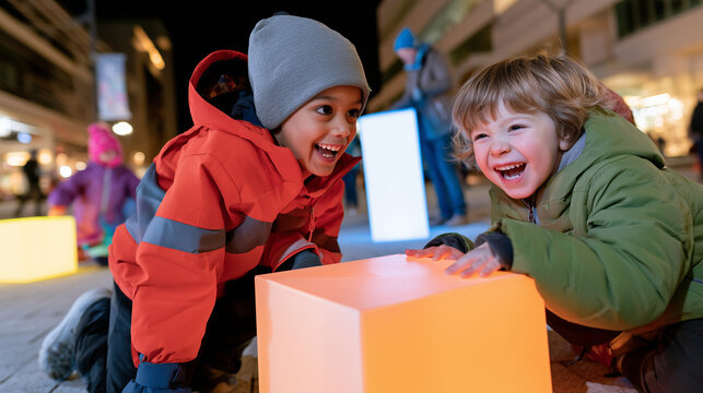 Two joyful young children playing together with glowing colorful light cubes outdoors during the vibrant Lumiere Festival at night