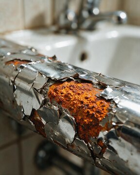 Extreme macro close-up of a heavily corroded chrome plumbing pipe with peeling metallic flakes and thick, textured orange rust over a sink.