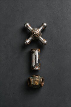 A clean minimalist flat lay featuring a vintage rusty cross tap handle, a peeling chrome pipe, and a brass T-joint pipe on a dark slate background.