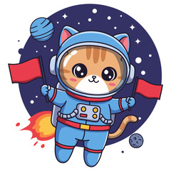 Cute Cartoon Little Cat with Star and Rocket Vector Illustration Fun Child Character Design