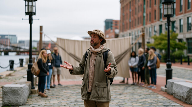 City tour guide in an overcast harbor district gestures toward a suspended hammock demonstration between historic lamp posts, wide establishing shot capturing cobblestone street,