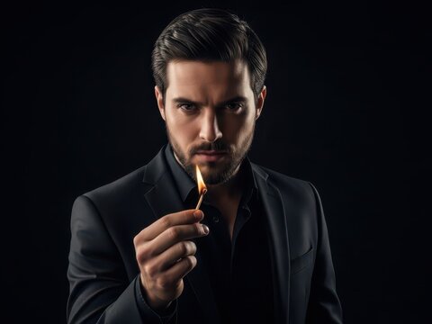 Serious man in a black suit holding a burning match in the dark