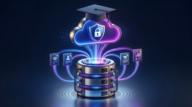 Digital learning ecosystem featuring secure cloud data storage for academic records, student information, and educational analytics, powered by modern server technology.