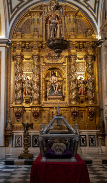 Ornate gilded altarpiece inside Burgos Cathedral in Burgos, Spain