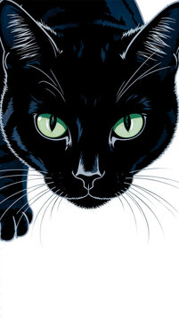 Black cat with green eyes &mdash; mystical Halloween aura and enigmatic grace of a night guardian
