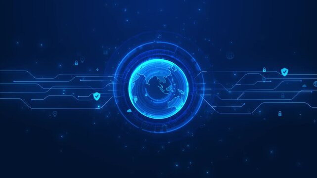 Secure world network interface visual cyan globe, floating privacy symbols, and connected circuit routes. for global data clips, cyber defense screens, telecom promos, cloud apps, and motion graphics.