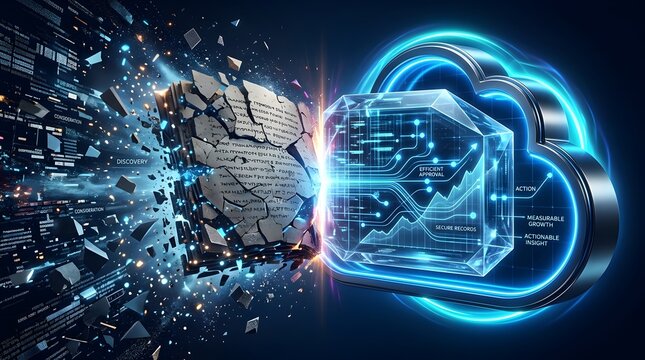 Embracing digital evolution: fragmented data transforming into organized, secure cloud systems, driving efficient approvals and measurable business success.