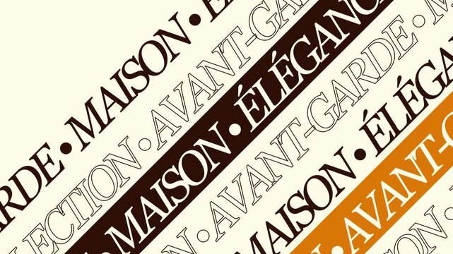 Avant-garde typography motion background, elegant French fashion text animation, luxury brand aesthetic with Maison and Elegance wording
