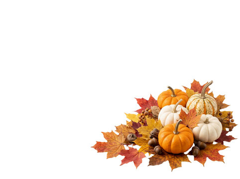 Thanksgiving autumn pumpkins and fall leaves corner arrangement on transparent background with copy space
